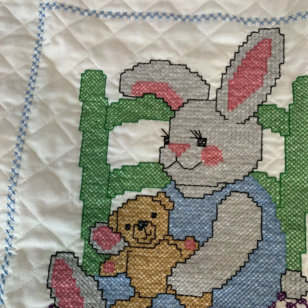 Handmade Cross Stitch Baby Crib Quilt Bunny, Bear, Chicken And Lamb
